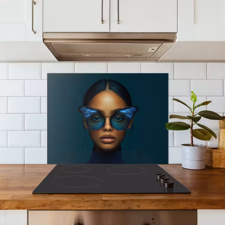 Vrouw - Vlinder - Bril - Blauw - Modern - Portret keuken achterwand spatscherm middel -sfeer2