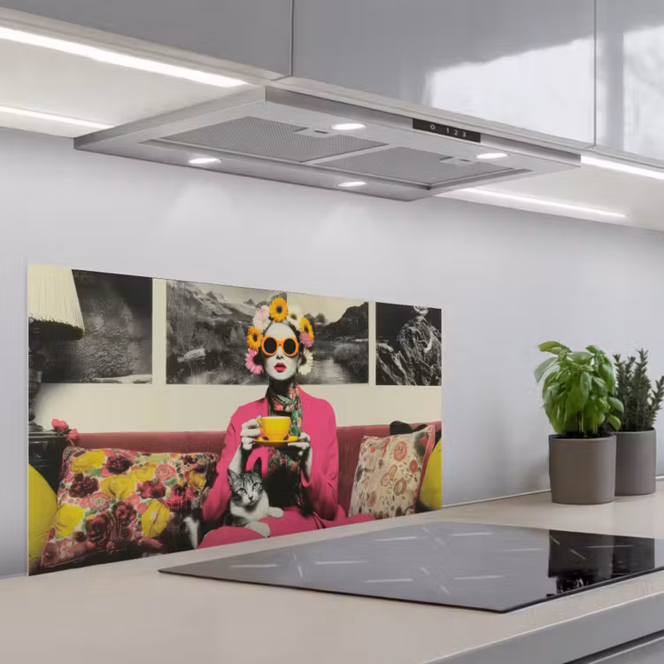 Vrouw - Kat - Bloemen - Kopje - Retro keuken achterwand spatscherm middel -3d_schuin