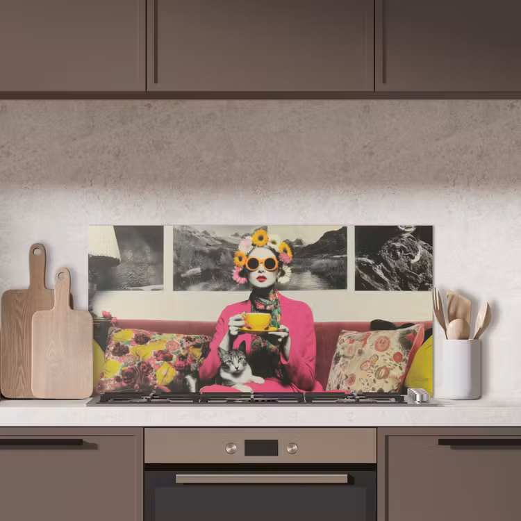 Vrouw - Kat - Bloemen - Kopje - Retro keuken achterwand spatscherm middel -sfeer2