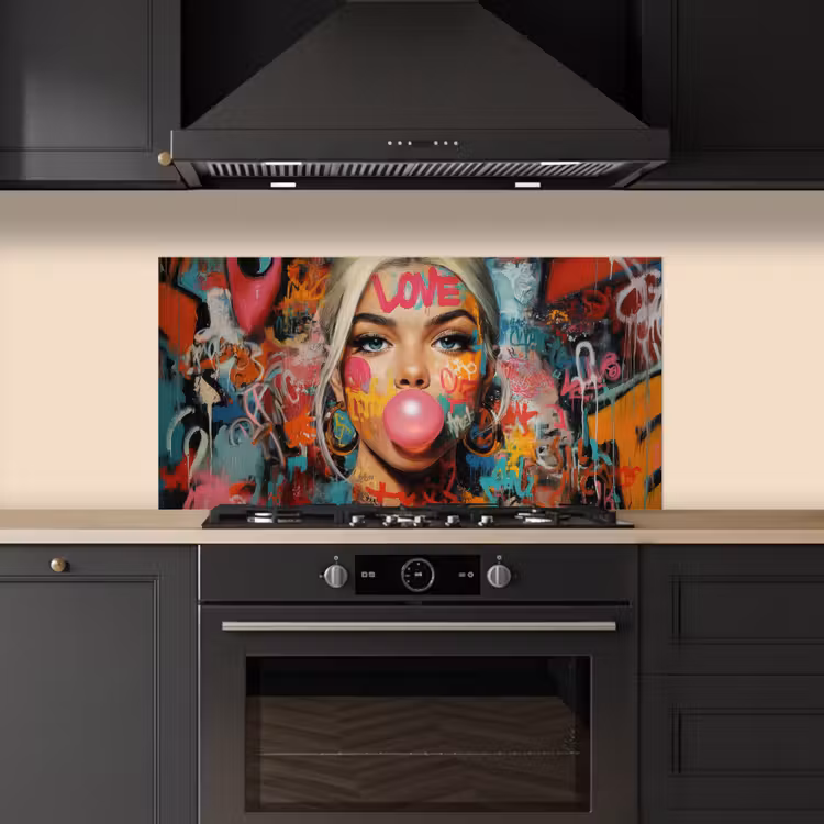 Vrouw - Kauwgom - Graffiti - Love keuken achterwand spatscherm middel -sfeer1