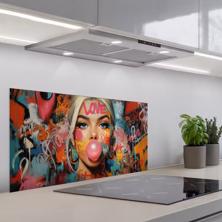Vrouw - Kauwgom - Graffiti - Love keuken achterwand spatscherm middel -3d_schuin