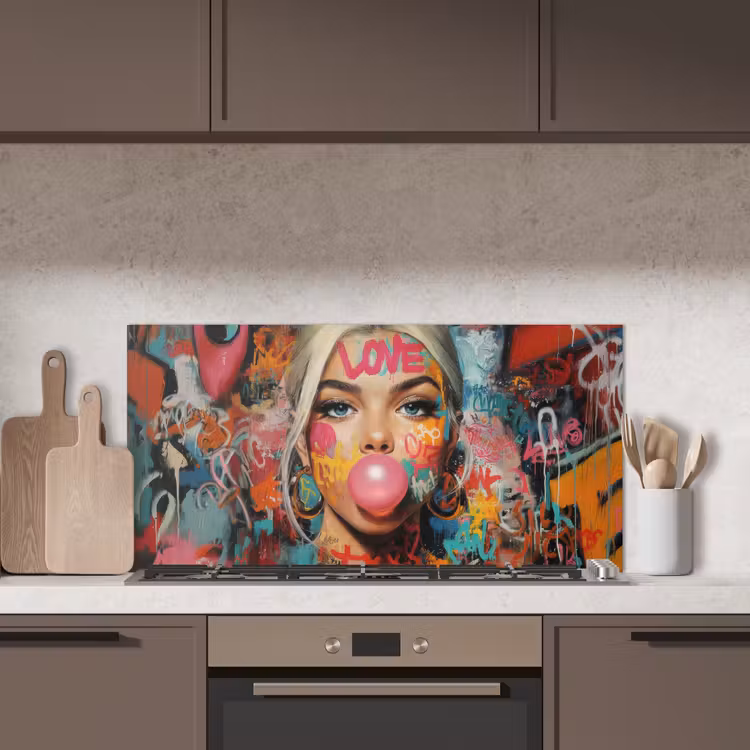 Vrouw - Kauwgom - Graffiti - Love keuken achterwand spatscherm middel -sfeer2