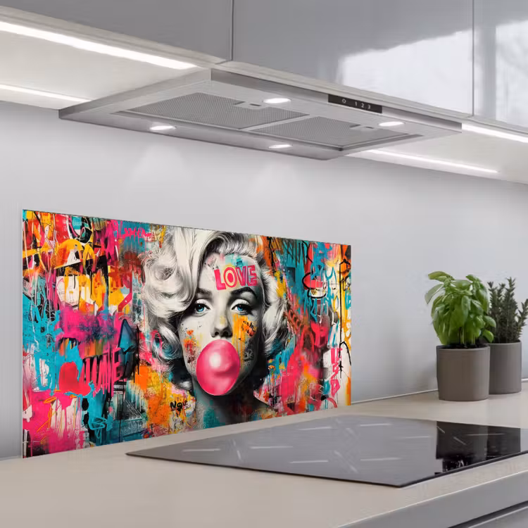 Vrouw - Kauwgom - Graffiti - Neonkleuren keuken achterwand spatscherm middel -3d_schuin