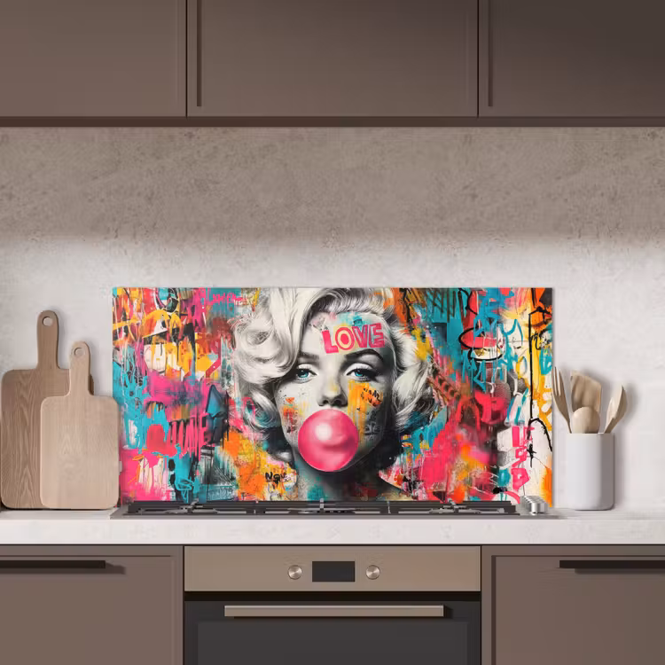 Vrouw - Kauwgom - Graffiti - Neonkleuren keuken achterwand spatscherm middel -sfeer2