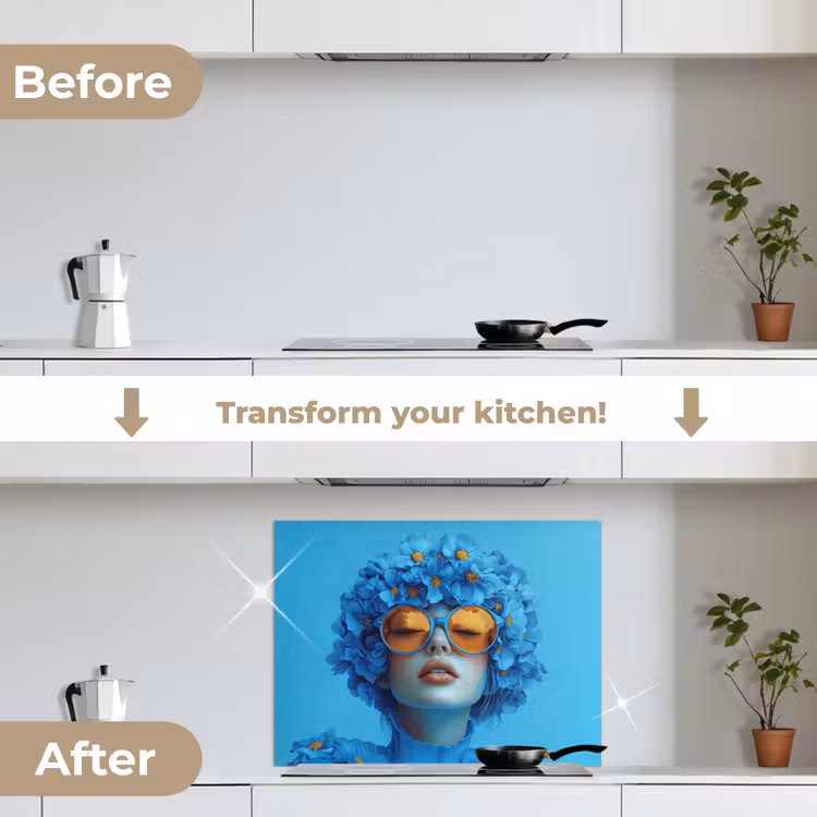 Vrouw - Bloem - Blauw - Modern - Bril - Portret keuken achterwand spatscherm middel -voor_na_EN