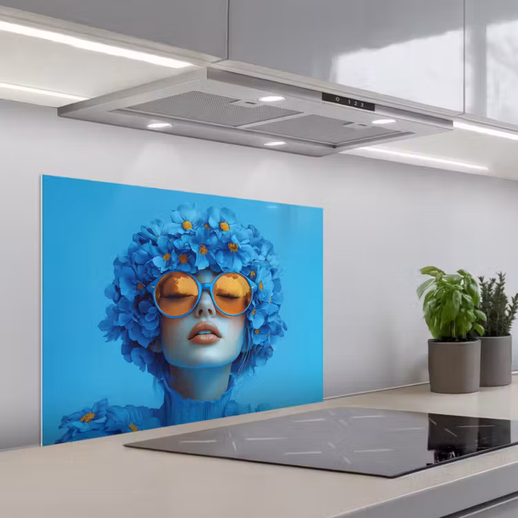 Vrouw - Bloem - Blauw - Modern - Bril - Portret keuken achterwand spatscherm middel -3d_schuin