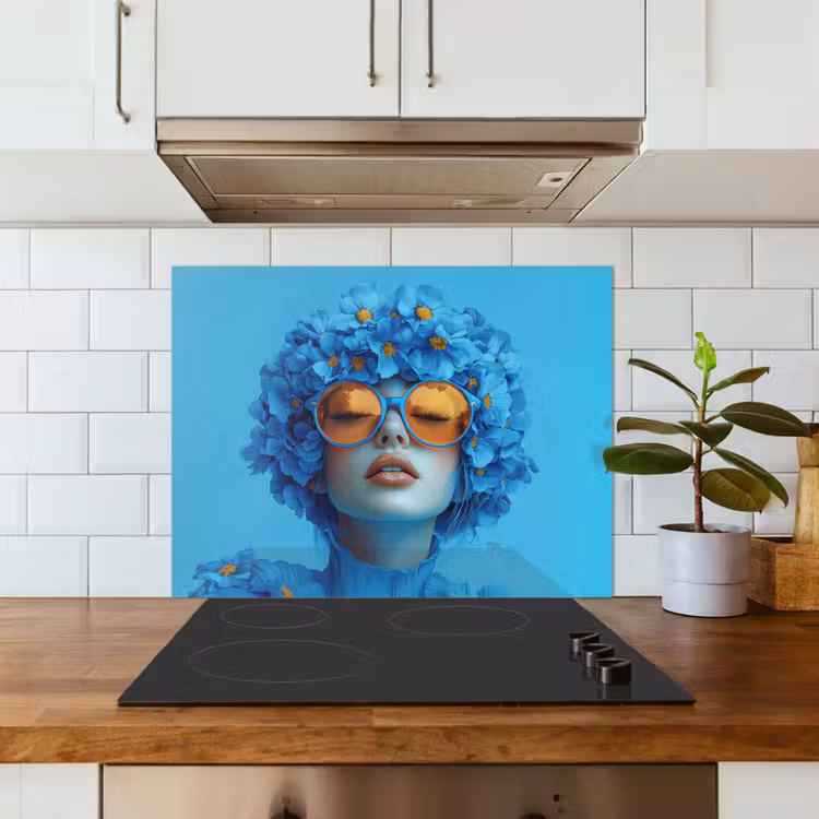 Vrouw - Bloem - Blauw - Modern - Bril - Portret keuken achterwand spatscherm middel -sfeer2