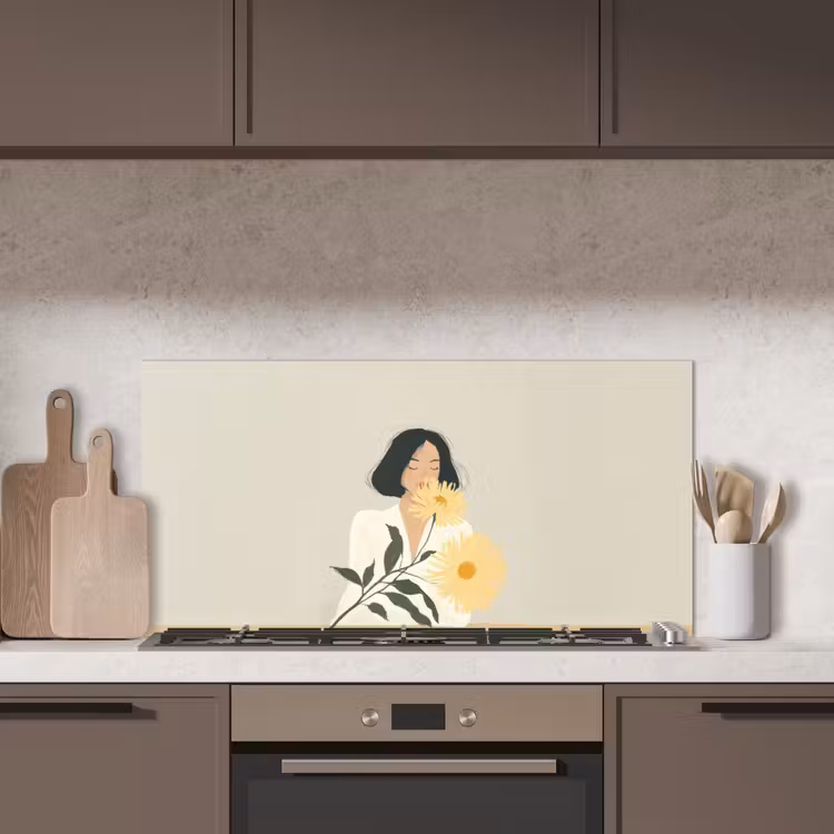Vrouw - Bloem - Geel - Minimalistisch keuken achterwand spatscherm middel -sfeer2