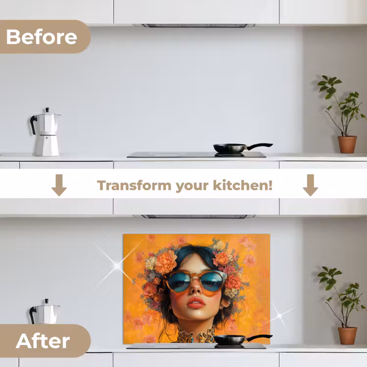 Vrouw - Bloemen - Aesthetic - Oranje keuken achterwand spatscherm middel -voor_na_EN