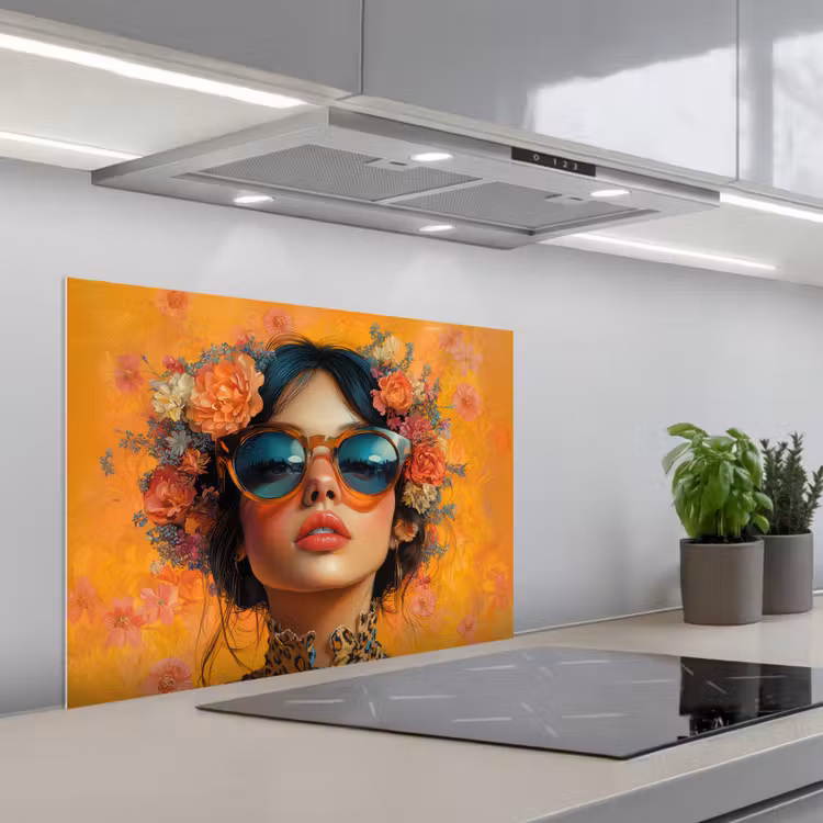 Vrouw - Bloemen - Aesthetic - Oranje keuken achterwand spatscherm middel -3d_schuin