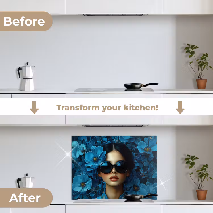 Vrouw - Bloemen - Blauw - Aesthetic - Luxe keuken achterwand spatscherm middel -voor_na_EN