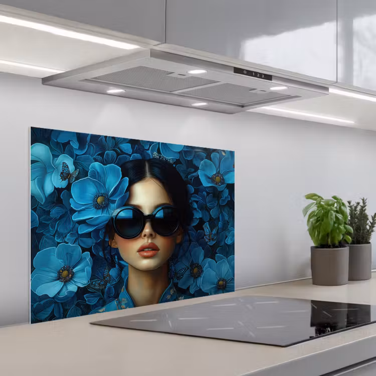 Vrouw - Bloemen - Blauw - Aesthetic - Luxe keuken achterwand spatscherm middel -3d_schuin