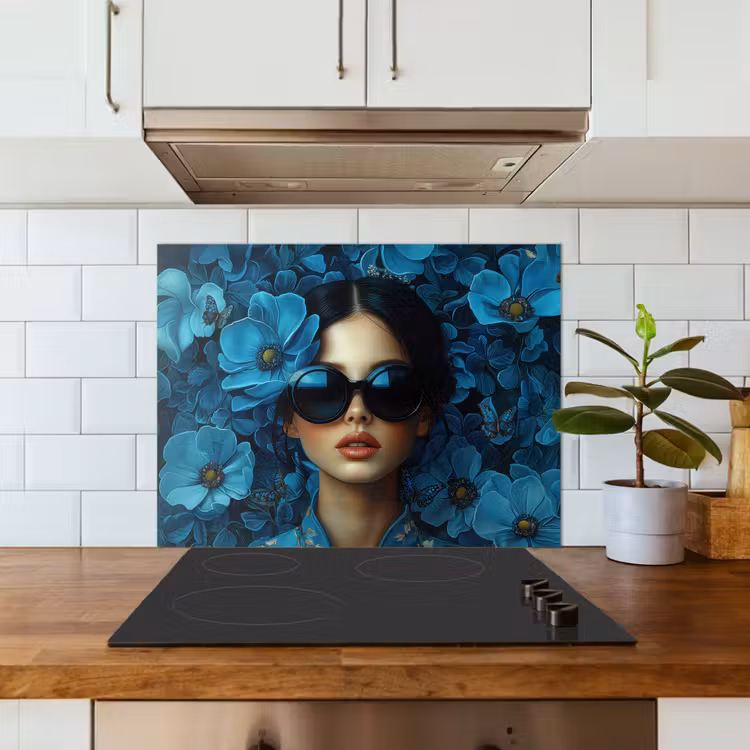 Vrouw - Bloemen - Blauw - Aesthetic - Luxe keuken achterwand spatscherm middel -sfeer2