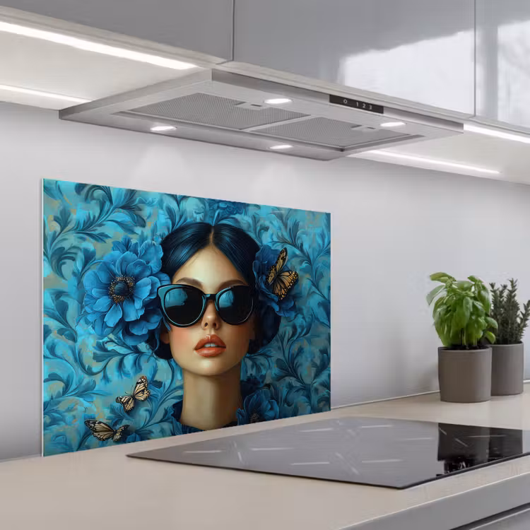 Vrouw - Bloemen - Vlinders - Blauw - Abstract keuken achterwand spatscherm middel -3d_schuin