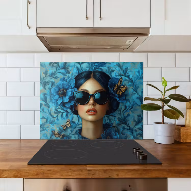Vrouw - Bloemen - Vlinders - Blauw - Abstract keuken achterwand spatscherm middel -sfeer2