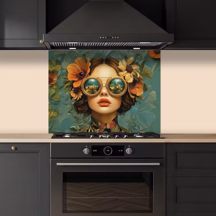 Vrouw - Bloemen - Vlinders - Natuur - Vintage keuken achterwand spatscherm middel -sfeer1