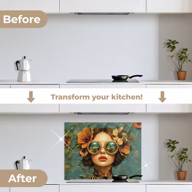 Vrouw - Bloemen - Vlinders - Natuur - Vintage keuken achterwand spatscherm middel -voor_na_EN