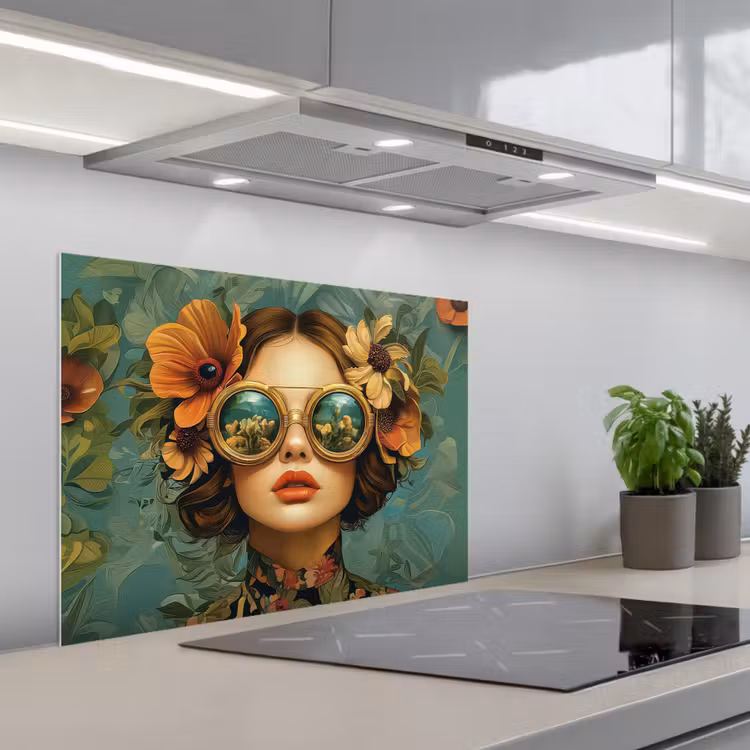 Vrouw - Bloemen - Vlinders - Natuur - Vintage keuken achterwand spatscherm middel -3d_schuin