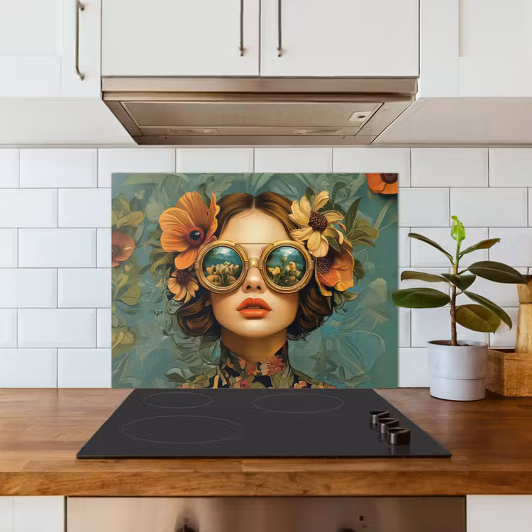 Vrouw - Bloemen - Vlinders - Natuur - Vintage keuken achterwand spatscherm middel -sfeer2