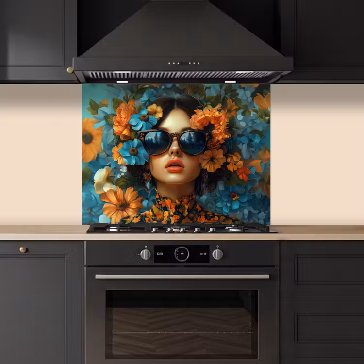 Vrouw - Bloemen - Oranje - Blauw - Modern keuken achterwand spatscherm middel -sfeer1