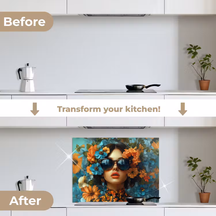 Vrouw - Bloemen - Oranje - Blauw - Modern keuken achterwand spatscherm middel -voor_na_EN
