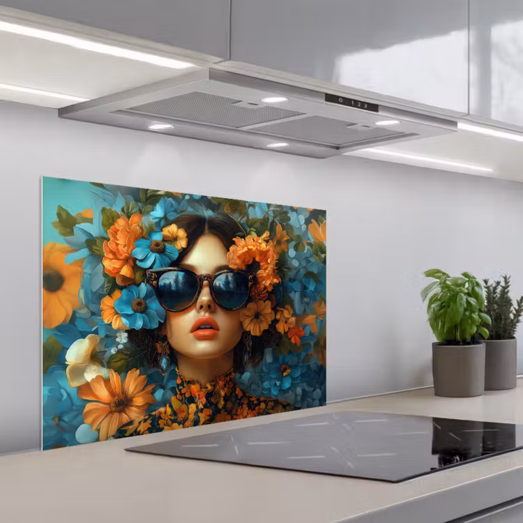 Vrouw - Bloemen - Oranje - Blauw - Modern keuken achterwand spatscherm middel -3d_schuin