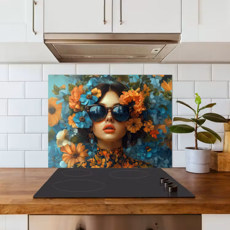 Vrouw - Bloemen - Oranje - Blauw - Modern keuken achterwand spatscherm middel -sfeer2