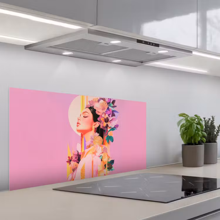 Vrouw - Bloemen - Paars - Abstract keuken achterwand spatscherm middel -3d_schuin