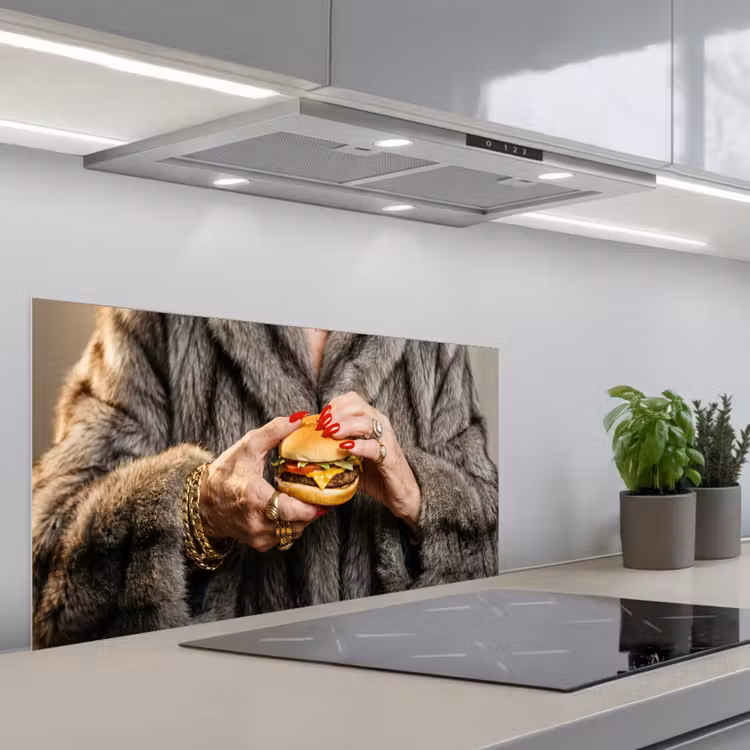 Vrouw - Hamburger - Bontjas keuken achterwand spatscherm middel -3d_schuin