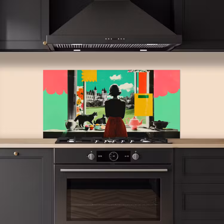 Vrouw - Keuken - Katten - Doorkijk keuken achterwand spatscherm middel -sfeer1