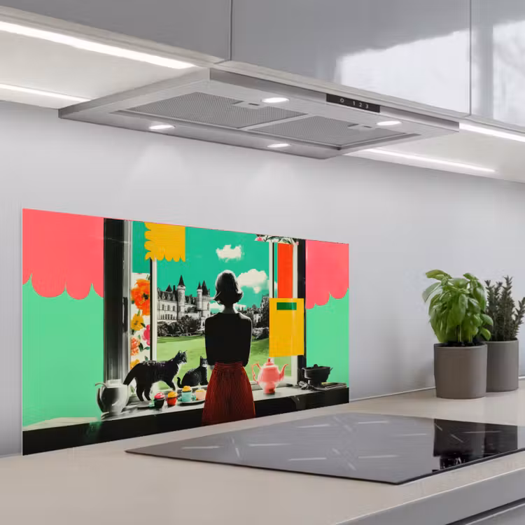 Vrouw - Keuken - Katten - Doorkijk keuken achterwand spatscherm middel -3d_schuin