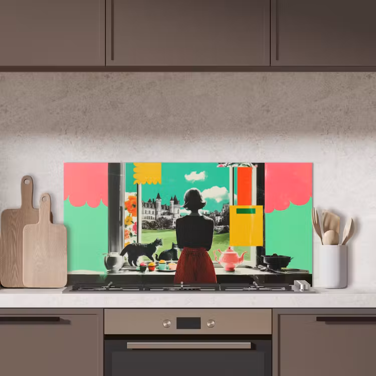 Vrouw - Keuken - Katten - Doorkijk keuken achterwand spatscherm middel -sfeer2