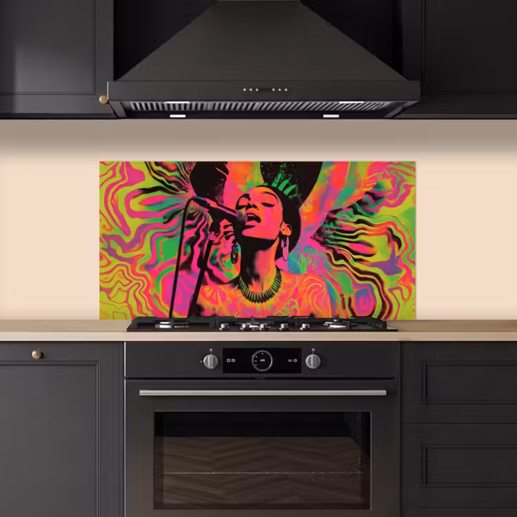 Vrouw - Microfoon - Neon keuken achterwand spatscherm middel -sfeer1
