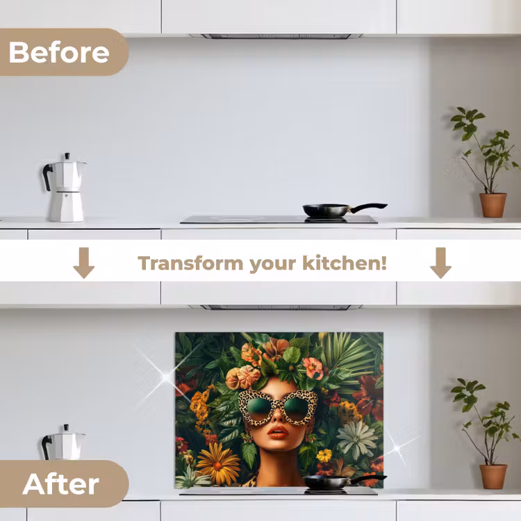 Vrouw - Panterprint - Jungle - Natuur - Luxe keuken achterwand spatscherm middel -voor_na_EN