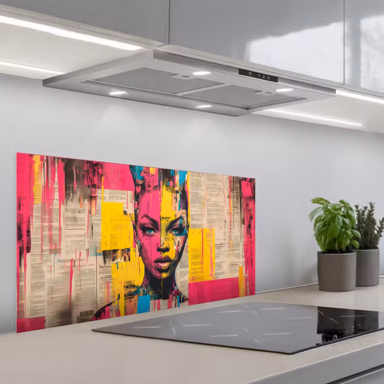 Vrouwengezicht - Krantenpapier - Abstract - Roze keuken achterwand spatscherm middel -3d_schuin