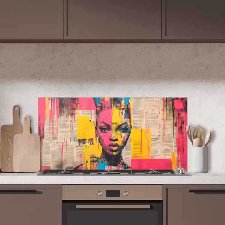 Vrouwengezicht - Krantenpapier - Abstract - Roze keuken achterwand spatscherm middel -sfeer2