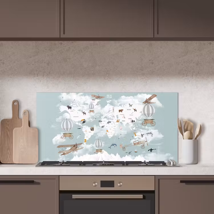 Wereldkaart - Kind - Vliegtuig keuken achterwand spatscherm middel -sfeer2