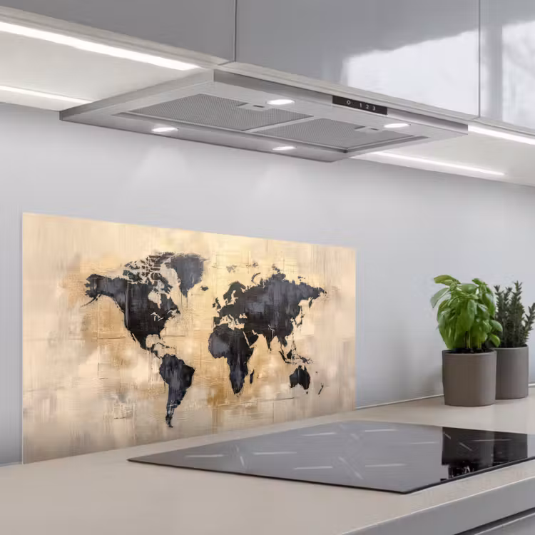 Wereldkaart - Goud - Zwart - Abstract keuken achterwand spatscherm middel -3d_schuin