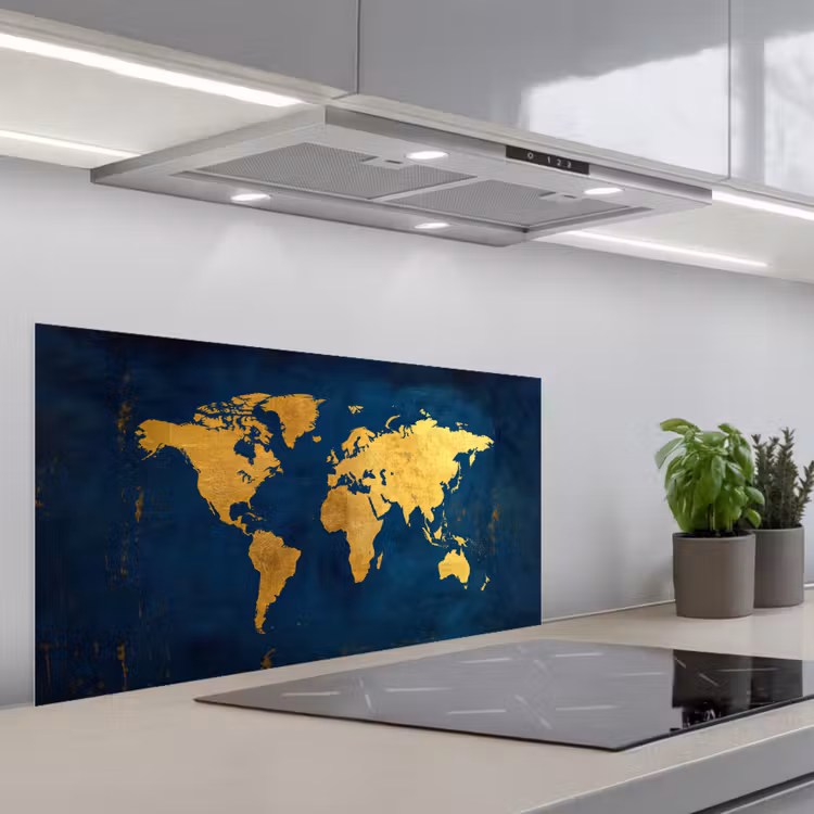 Wereldkaart - Goud - Donkerblauw keuken achterwand spatscherm middel -3d_schuin