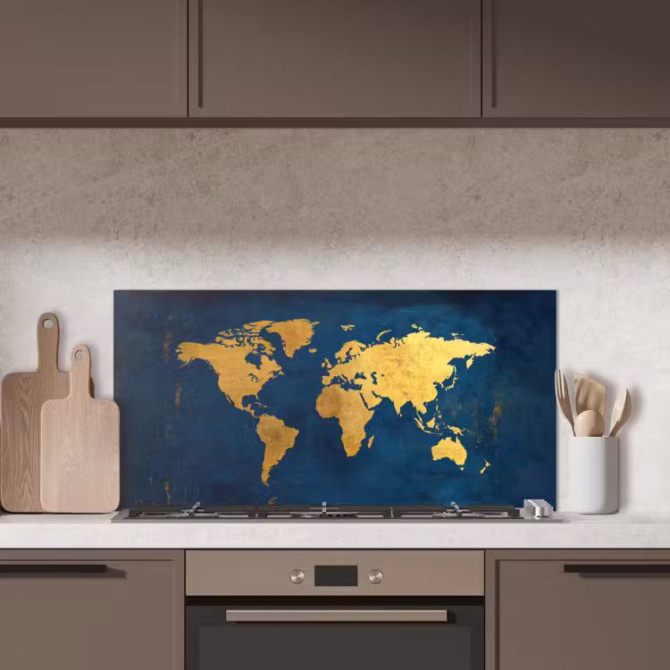Wereldkaart - Goud - Donkerblauw keuken achterwand spatscherm middel -sfeer2