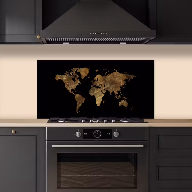 Wereldkaart - Goud - Luxe - Aarde - Zwart keuken achterwand spatscherm middel -sfeer1