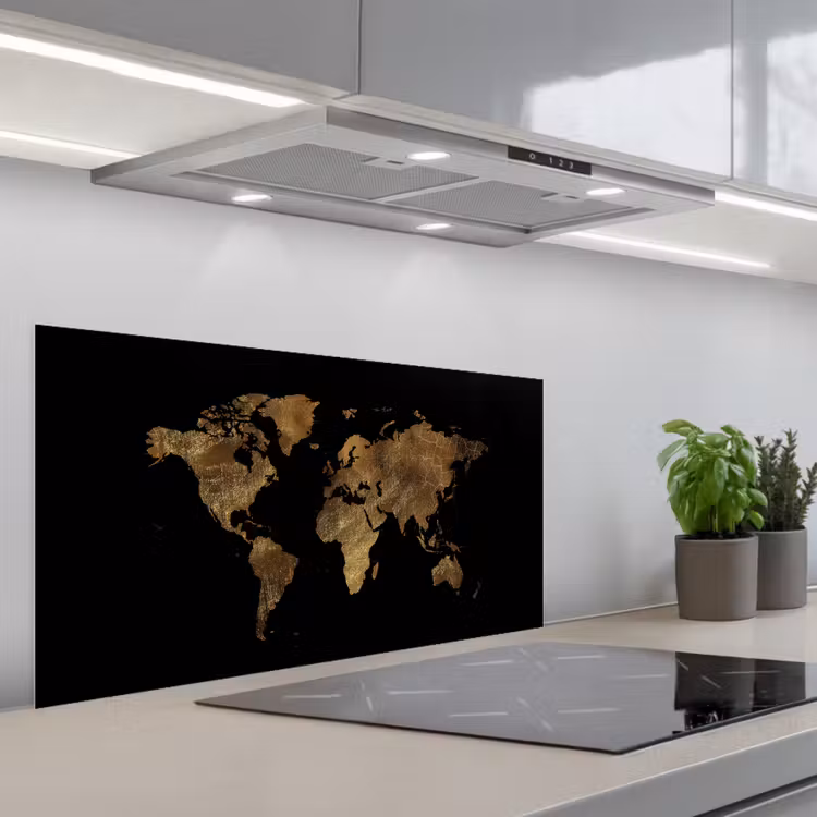 Wereldkaart - Goud - Luxe - Aarde - Zwart keuken achterwand spatscherm middel -3d_schuin