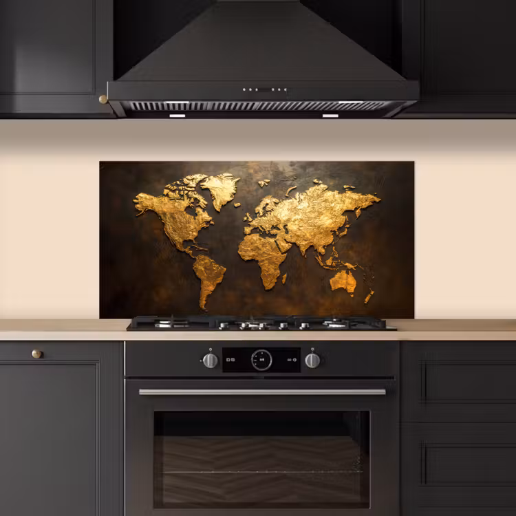 Wereldkaart - Goud - Roest keuken achterwand spatscherm middel -sfeer1