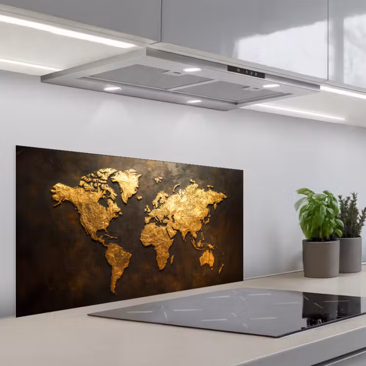 Wereldkaart - Goud - Roest keuken achterwand spatscherm middel -3d_schuin
