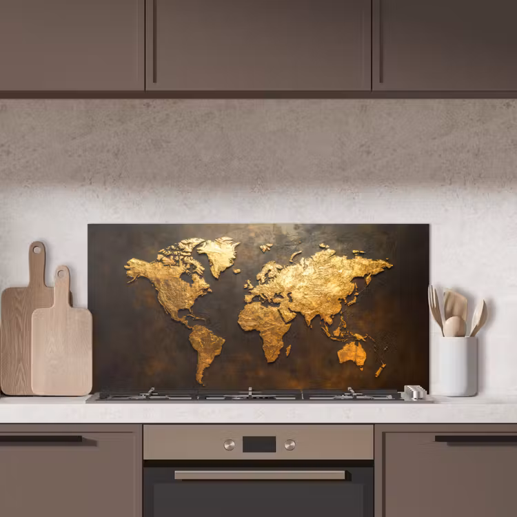 Wereldkaart - Goud - Roest keuken achterwand spatscherm middel -sfeer2