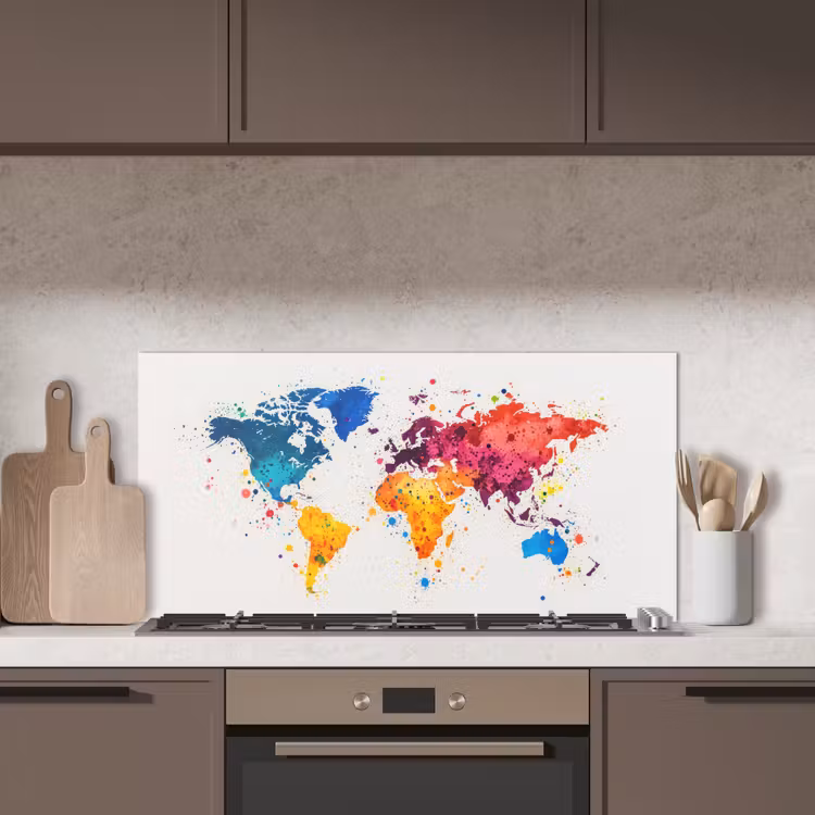Wereldkaart - Graffiti - Kleurrijk keuken achterwand spatscherm middel -sfeer2