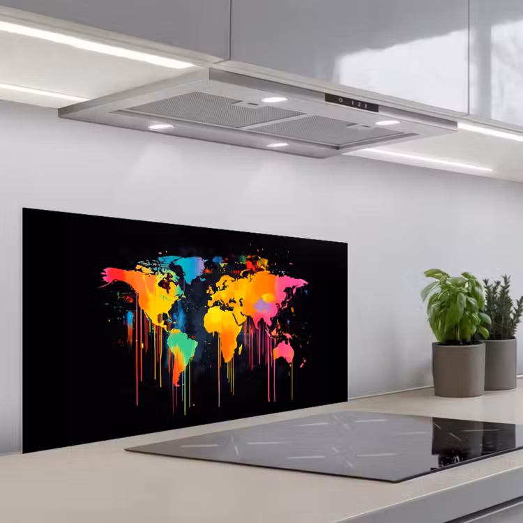 Wereldkaart - Verf - Kleurrijk - Graffiti - Wereld keuken achterwand spatscherm middel -3d_schuin