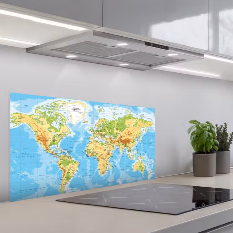 Wereldkaart - Staatkundig - Blauw - Aarde - Educatief keuken achterwand spatscherm middel -3d_schuin