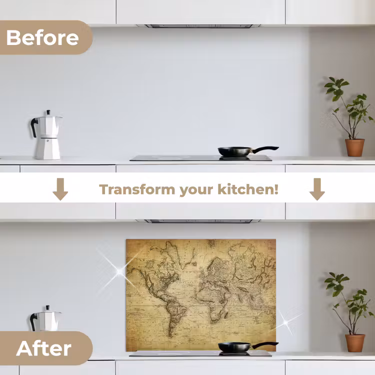 Wereldkaart - Vintage - Antiek - Bruin - Papier keuken achterwand spatscherm middel -voor_na_EN
