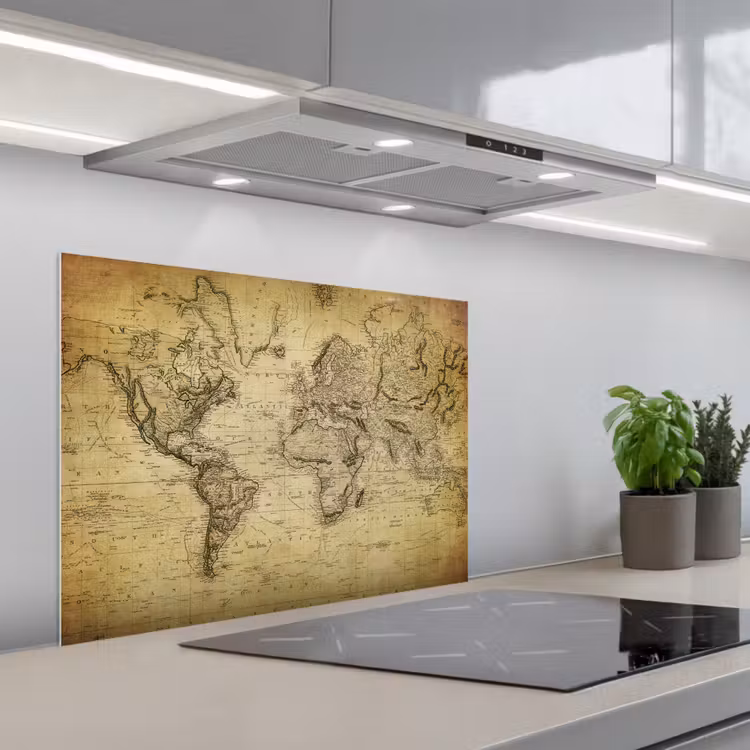 Wereldkaart - Vintage - Antiek - Bruin - Papier keuken achterwand spatscherm middel -3d_schuin